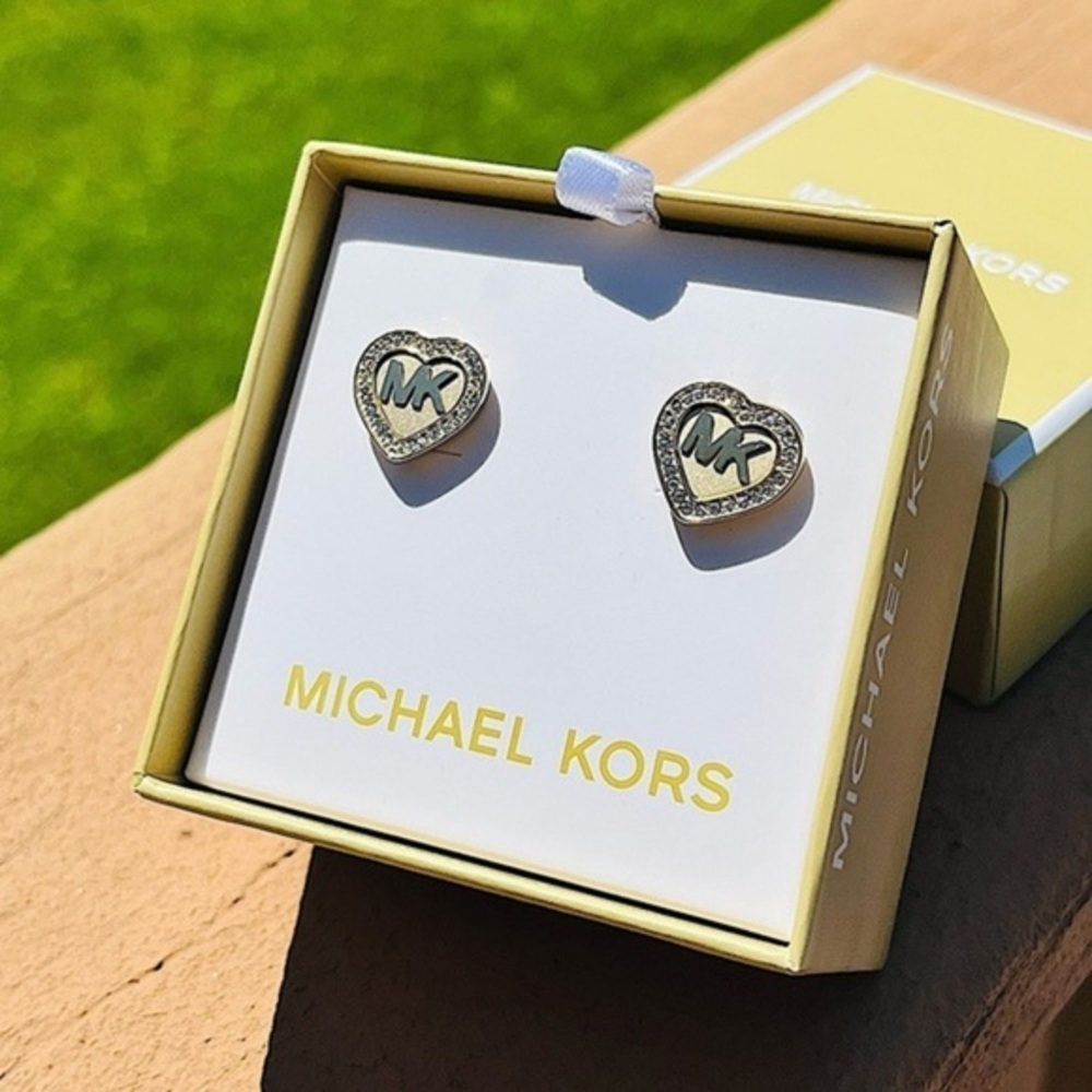 Michael Kors MK Heart Logo Crystal Stud Earrings Gold Tone NWT